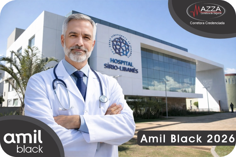 Médico autoridade em frente ao Hospital Sírio-Libanês em São Paulo representando o plano Amil Black 2026 - Mazza Corretora.