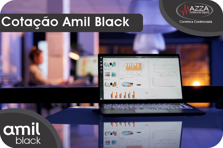 Gráficos de cotação Amil Black 2026 em notebook moderno com logotipos da Amil e Mazza Corretora.