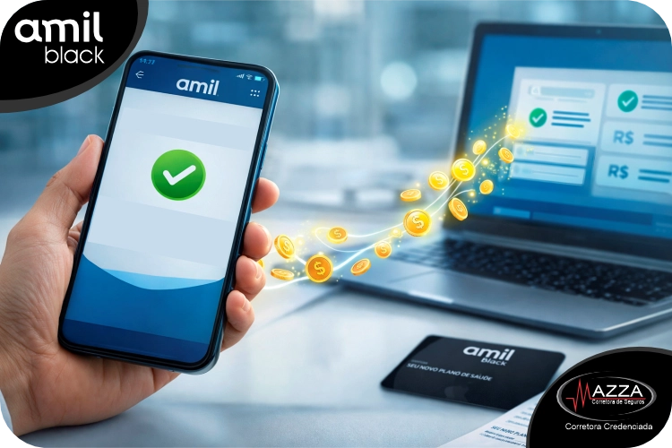 Celular com aplicativo Amil e moedas digitais simbolizando a rapidez do reembolso Amil Black 2026 - Mazza Corretora.