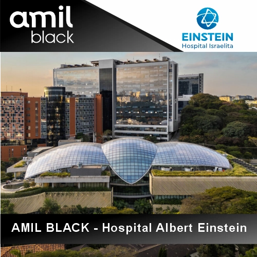 Capa da página Amil Black destacando atendimento exclusivo no Hospital Albert Einstein Morumbi com consultoria Mazza