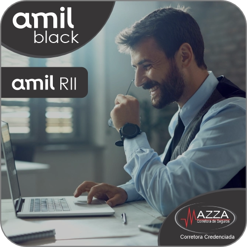 Logotipo Amil Black II e Amil RII com executivo utilizando notebook em escritório premium - Mazza Corretora.