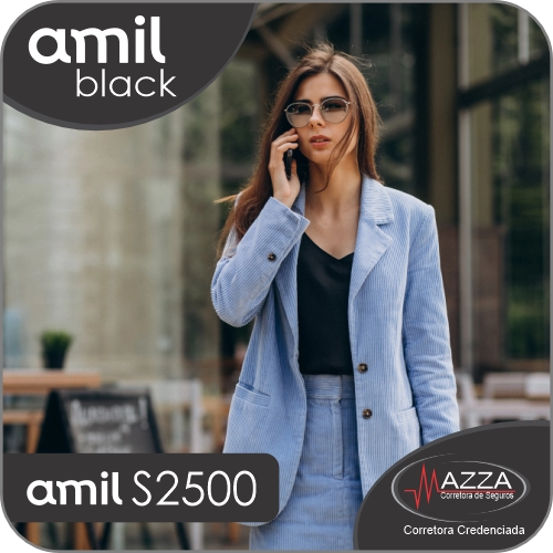 Plano Amil Black S2500 em destaque sobre fundo de hospital de luxo, representando exclusividade e acesso ao Einstein e Sírio-Libanês.