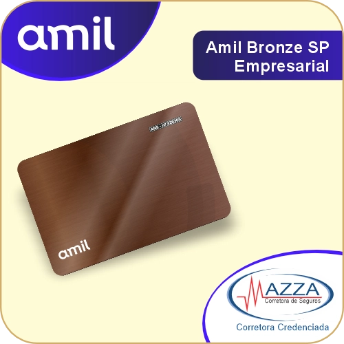 Cartão do plano Amil Bronze SP Empresarial com o logotipo da Mazza Corretora de Seguros credenciada.