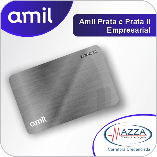Clique aqui para simular a tabela de preços do Amil Prata e Prata II com a Mazza Corretora. Cartão do plano Amil Prata e Prata II Empresarial com o logotipo da Mazza Corretora de Seguros credenciada.